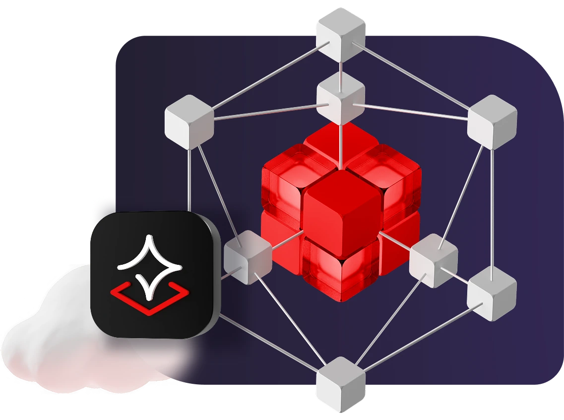 A Red Hat AI logo floats in front of a cloud and a diagram representing AI inference, with a glass pane image in between.